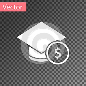 White Graduation cap and coin icon isolated on transparent background. Education and money. Concept of scholarship cost
