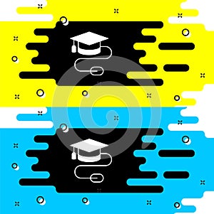 White Graduation cap with mouse icon isolated on black background. World education symbol. Online learning or e-learning