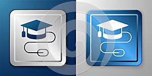 White Graduation cap with mouse icon isolated on blue and grey background. World education symbol. Online learning or e