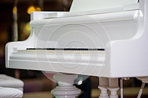 white grand piano and bench in the stage