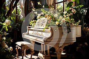 White grand piano in a classic country house