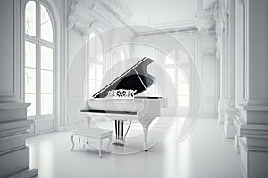 White grand piano in classic interior. Generative AI