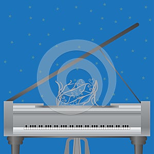 White grand piano retro style with blue background