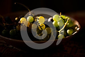 White grapes on the plate in the sun. Vitis vinifera fruits