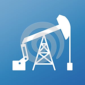 White graphic flat vector oil pump icon on blue background. Suck