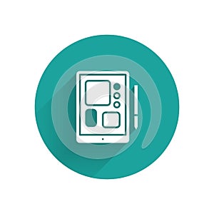 White Graphic tablet icon isolated with long shadow. Green circle button. Vector