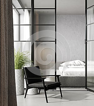 White gray bedroom interior with glass door, black armchair and plants. 3d rendering mock up