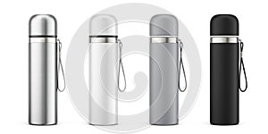 White, Gray, Black and Silver Empty Glossy Metal Thermos Water Bottle Isolated on White