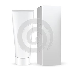 White gray box with white gray cosmetic tube with twist to open cap