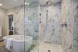 White and gray calcutta marble bathroom design