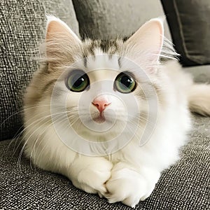 A white and gray cat laying on a couch