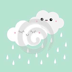 White gray cloud rain drop icon set. Smiling sleeping face. Fluffy clouds. Cute cartoon kawaii cloudscape. Love card. Cloudy