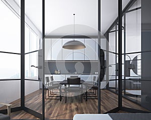 White and gray dining room, glass door