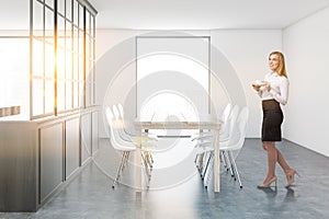 White and gray dining room interior, businesswoman