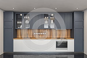 White and gray kitchen interior with countertop