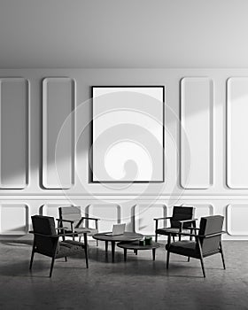 White and gray living room interior with armchairs and poster
