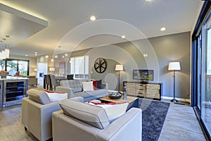 White and gray Living room interior with exit to a deck.