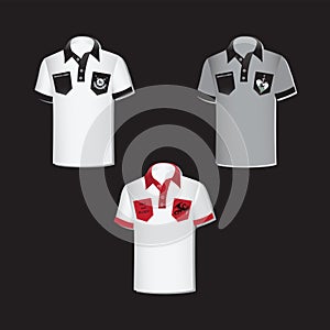 White and gray men`s shirts with emblems.