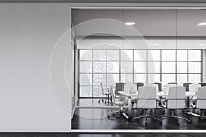 White and gray office meeting room with mock up wall