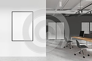 White and gray open space office interior with blank frame