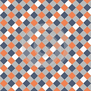 White Gray Orange Seamless Diagonal French Checkered Pattern. Inclined Colorful Fabric Check Pattern Background. 45 degrees