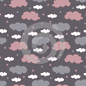White, gray and pink clouds and stars on gray background