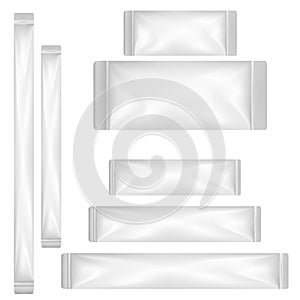 White gray plastic sachet or foil packet on isolated white background. Mockup template ready for design