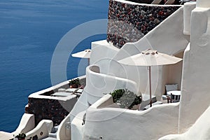 White greek balcony resort house and Aegean sea, Oia, Santorini