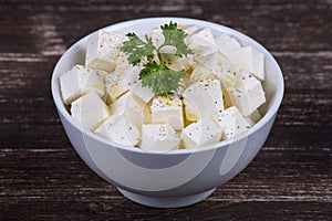 White greek cheese in plate, close up