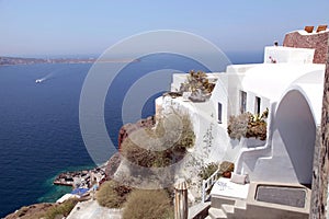 White greek resort house and Aegean sea, Santorini, Greece.