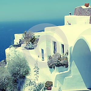 White greek resort house and Aegean sea, Santorini, Greece.