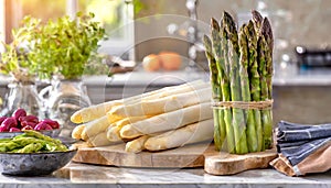 White and green asparagus prepared for cooking