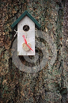 White and green birdhouse with hanging heart made from seeds