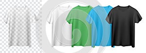 White, green, blue and black t-shirts isolated on white background front view vector