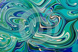 White, green and blue color marble mixed ink abstraction.
