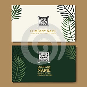 white and green business card with green palm leaves, with a place for a qr code, for your company or brand, vector