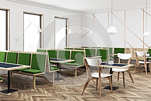 White and green cafe interior side view