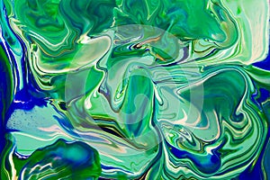 White, green and color marble mixed ink abstraction.