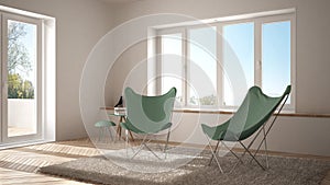 White and green minimal living room with armchair carpet, parquet floor and panoramic window, scandinavian architecture, modern in