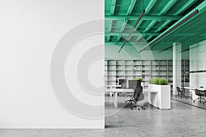 White and green open space office interior with blank wall