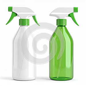 White and Green Plastic Spray Bottles on White Background