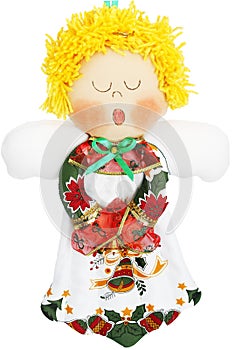 White, Green and Red Christmas Angel Doll on White Background