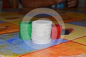 white, green and red poker chips