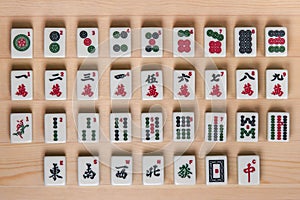 White-green tiles for mahjong on a brown wooden background.