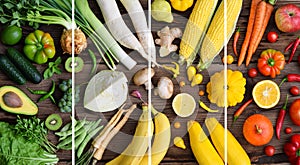 White, green, yellow, orange, red fruits and vegetables on wooden background.  Healthy food. Multicolored raw food