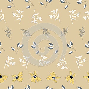 White and grey berries and leaves on beige background seamless repeat.