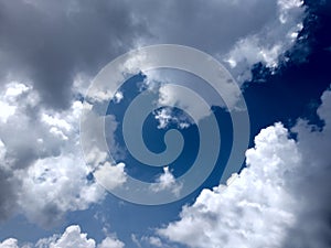 White grey and black, fluffy clouds in blue sky. Blue sky with clouds, White clouds on blue sky background close up