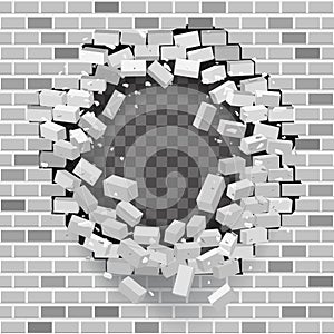 White grey brick break wall hole destruction template transparent background vector illustration