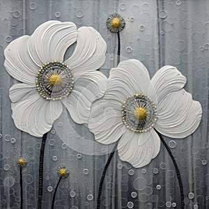 White And Grey Flower Painting With Punctured Canvases - Bess Hamiti