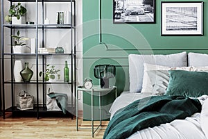 White, grey and green classy bedroom interior design photo
